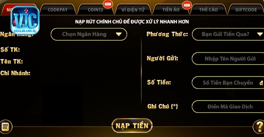 Các bước giao dịch gửi tiền Vicclub nhanh chóng