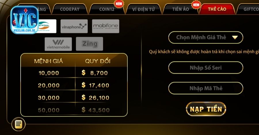 Gửi tiền Vicclub bằng thẻ cào